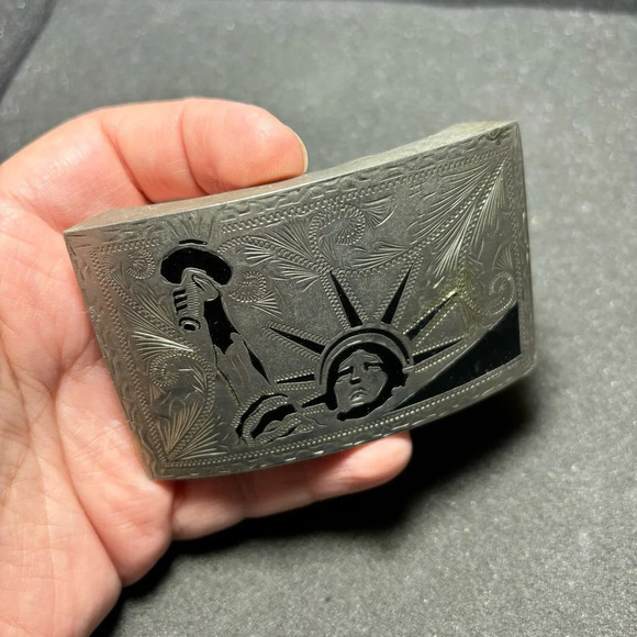 Vintage Alpaca Engraved Statue Of Liberty Silver Tone And Enamel Belt Buckle - Picture 11 of 11